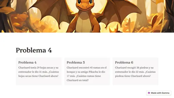 20 problemas de sumas de 2 dígitos con Charizard
