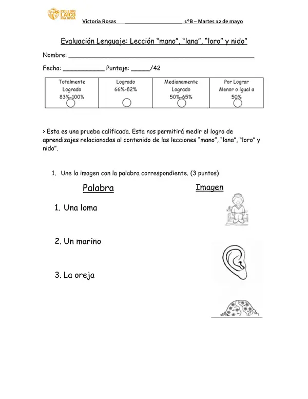 Prueba lección "mano”, “lana”, “loro” y nido” método Matte