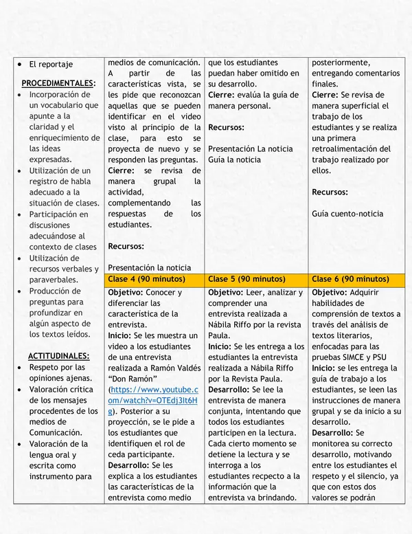 Planificación Clase a Clase: Noviembre | Lenguaje y Comunicación 1° Medio
