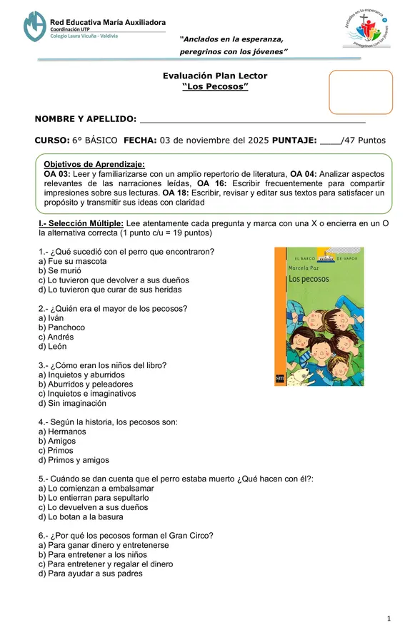 Evaluación Plan Lector "Los Pecosos"