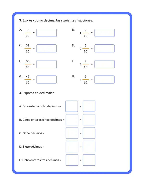 4° básico - Fichas de trabajo "Decimales"