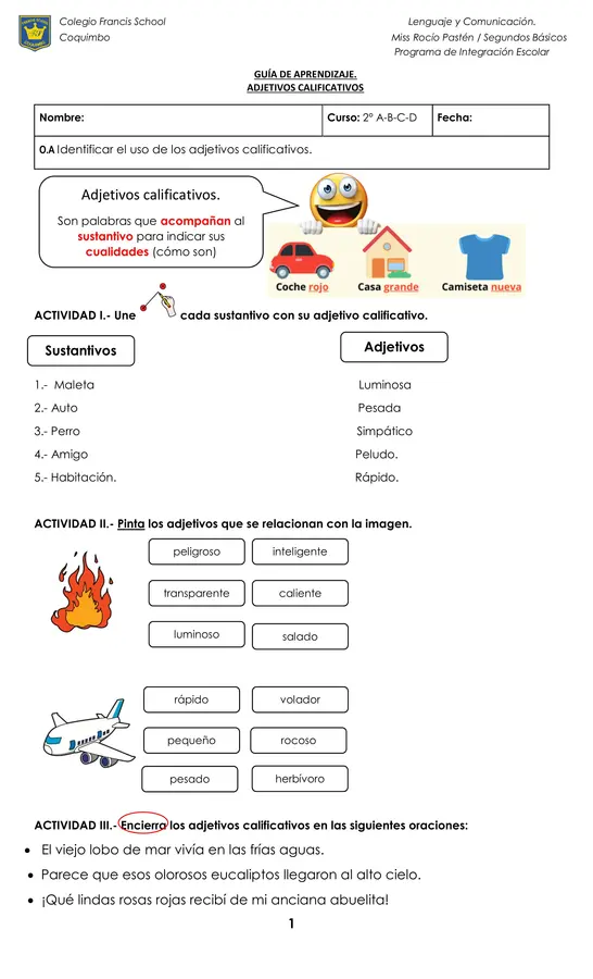 Guía de aprendizaje - Adjetivos calificativos