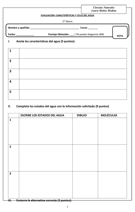 Evaluación Ciencias, características del agua