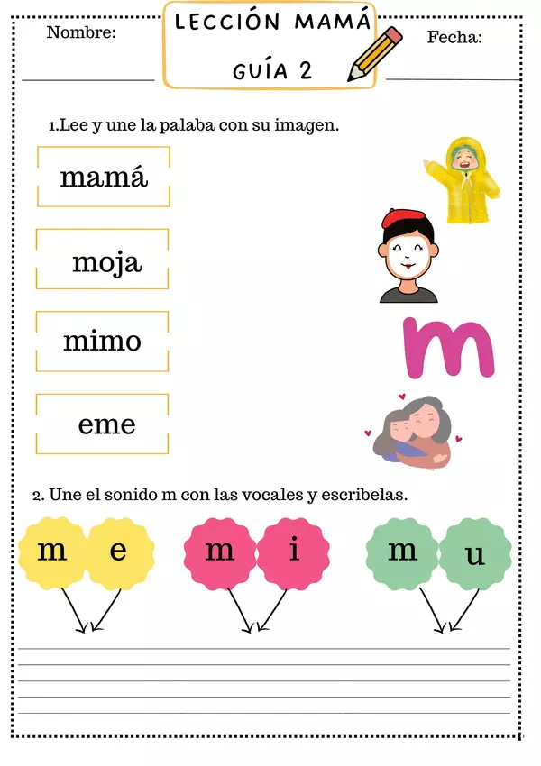 Guía lección Mamá, letra "m", método matte. 