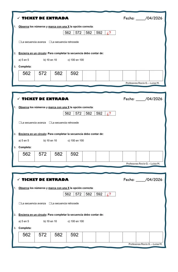Ticket Matemática Secuencia numérica y conteo