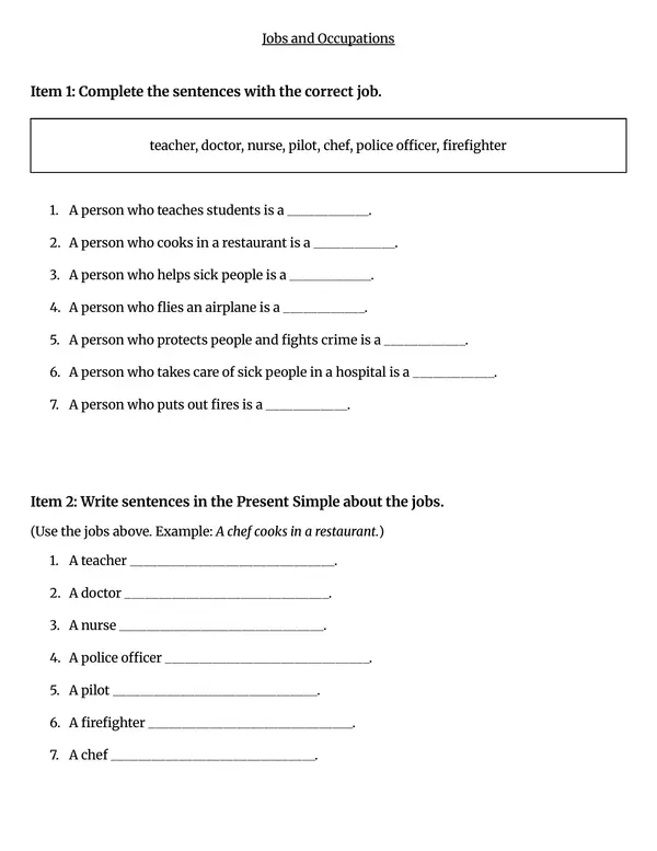 Jobs and Occupations Worksheet