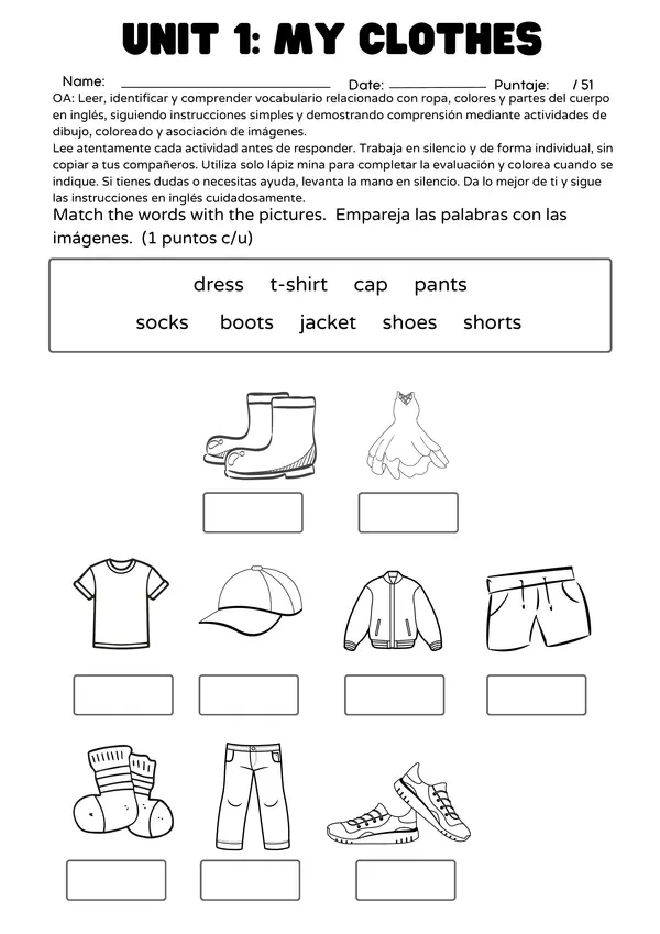 Prueba Unidad 1: My Clothes