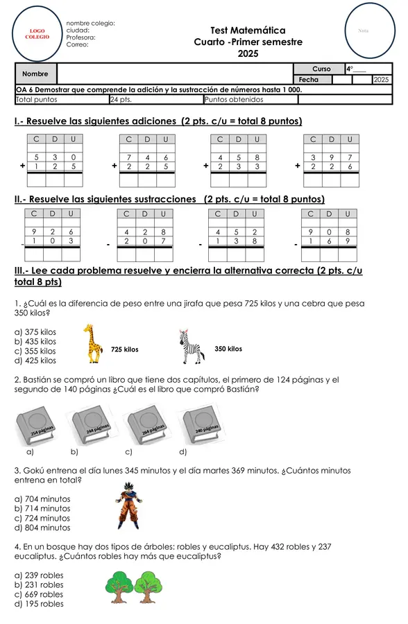 Test Matemática 4° Básico – Adición y Sustracción hasta 1.000 – OA6 