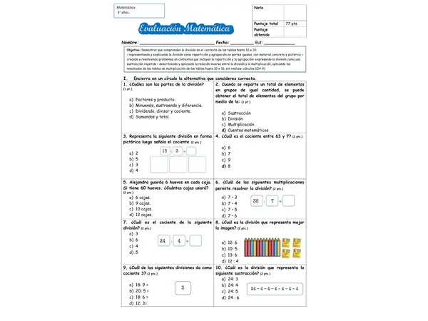 Evaluación división tercero básico 