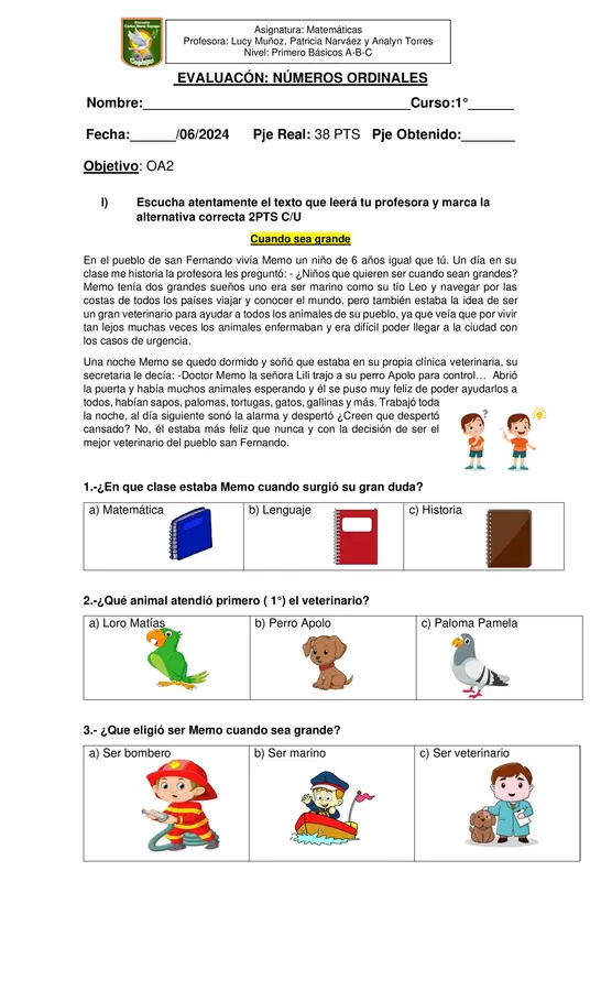 Evaluación números ordinales