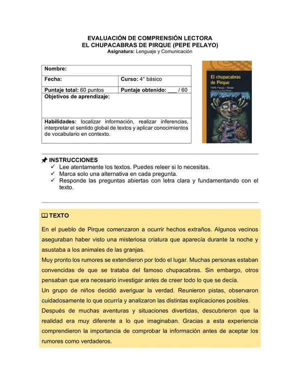 Prueba del libro "EL CHUPACABRAS DE PIRQUE" (PEPE PELAYO)
