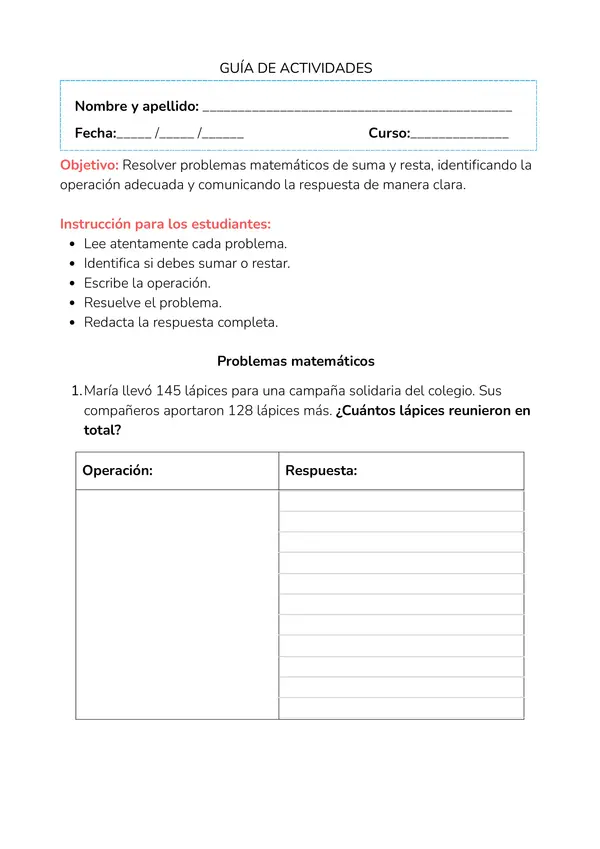 GUÍA DE ACTIVIDADES "PROBLEMAS DE ADICIÓN Y SUSTRACCIÓN"