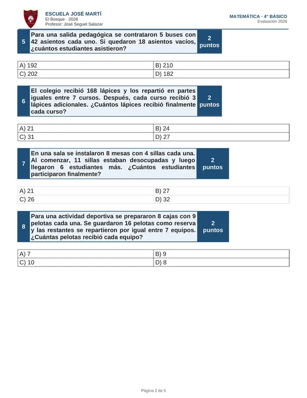 Evaluación de matemática - resolución de problemas operaciones combinadas y fracciones - 4° básico
