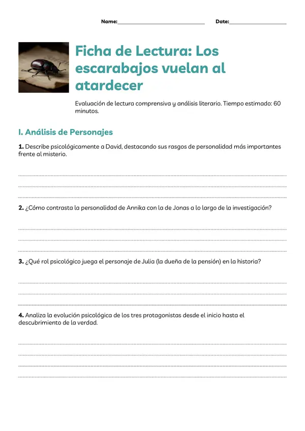 Ficha de lectura "Los escarabajos vuelan al atardecer"