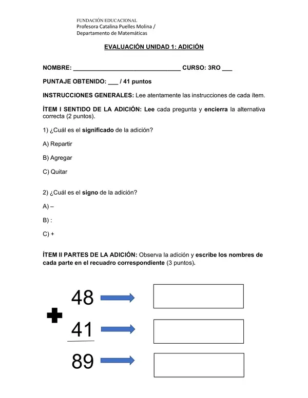 Evaluación Adición 3ro Básico