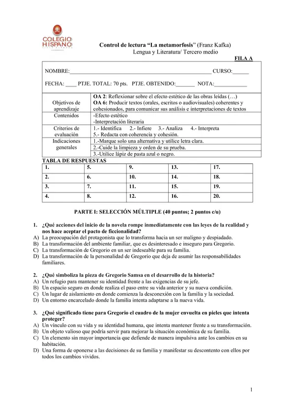 Plan lector La Metamorfosis