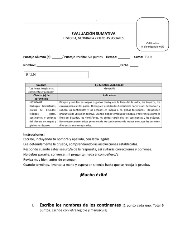 Prueba de Historia 3° Básico