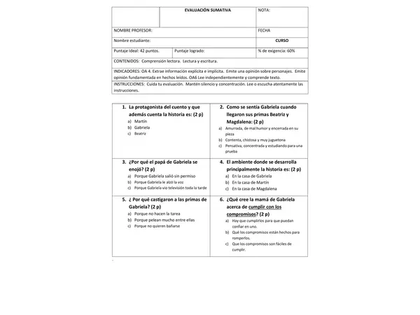 EVALUACIÓN DE COMPRENSIÓN LECTORA  "A PASARLO BIEN"