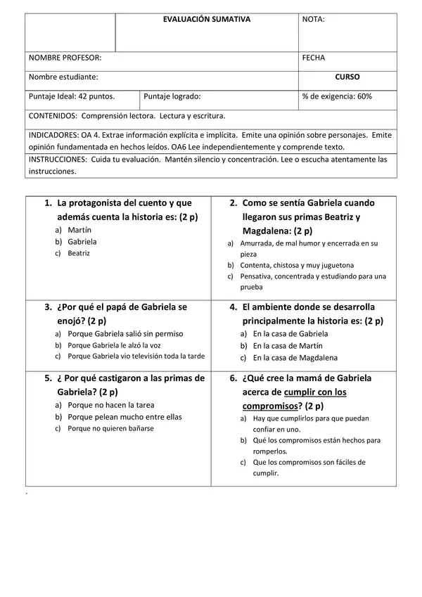 EVALUACIÓN DE COMPRENSIÓN LECTORA  "A PASARLO BIEN"