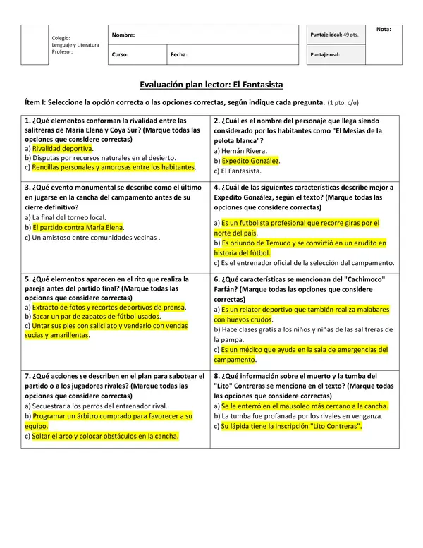 "El Fantasista": Prueba de plan lector con respuestas.