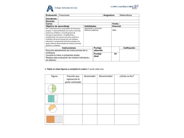 Adecuación 8º básico evaluación de fracciones