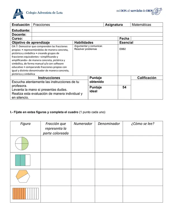 Adecuación 8º básico evaluación de fracciones