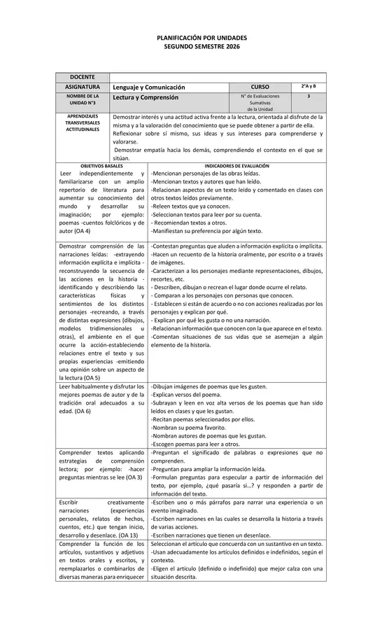 Planificación Lenguaje 2° básico Unidades 3 y 4.