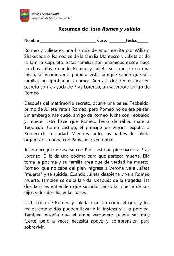 Romeo y Julieta Resumen y breve evaluación