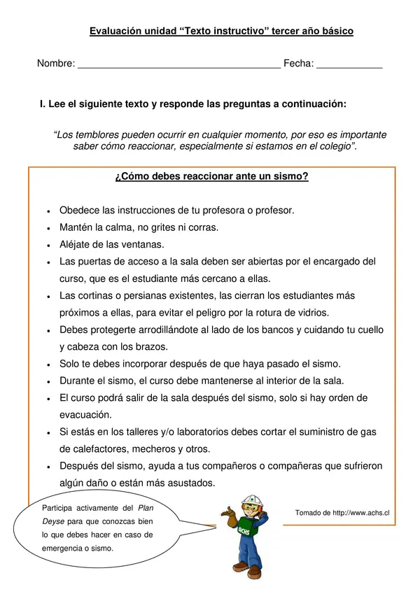 Evaluación de lenguaje "Texto instructivo" Tercer año.