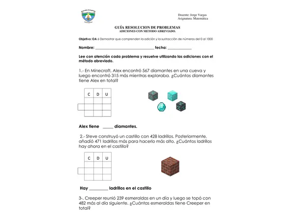 resolución de problemas - adiciones de 3 dígitos forma abreviada