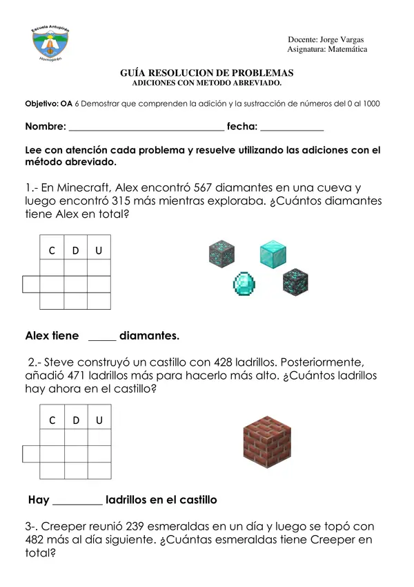 resolución de problemas - adiciones de 3 dígitos forma abreviada