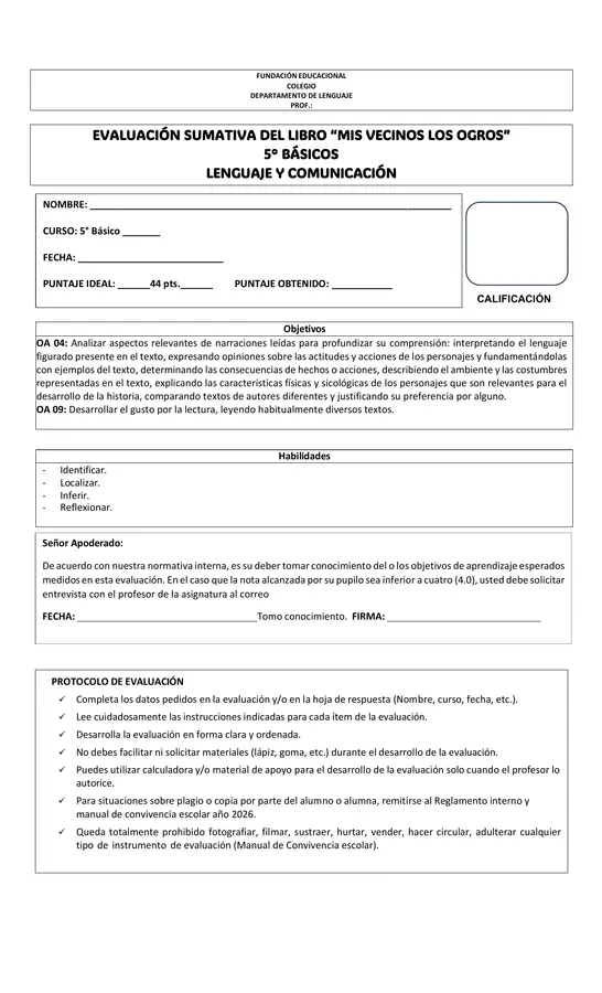 Prueba del libro 5to "Mis Vecinos los ogros"
