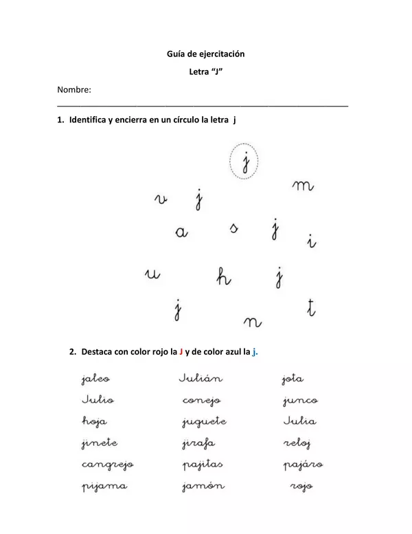 Guía de ejercitación Letra “J” PRIMERO BASICO, LENGUAJE | profe.social