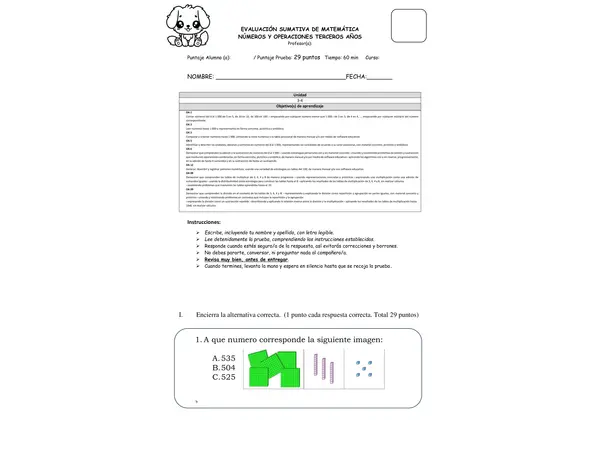 Prueba editable de Matemática Terceros años Números y operaciones-patrones ,secuencia.