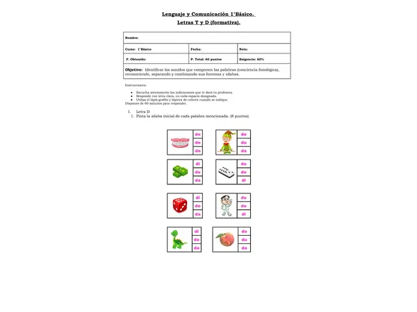 Evaluación -Lenguaje y Comunicación -Bitácora de Aprendizaje letra t - d 