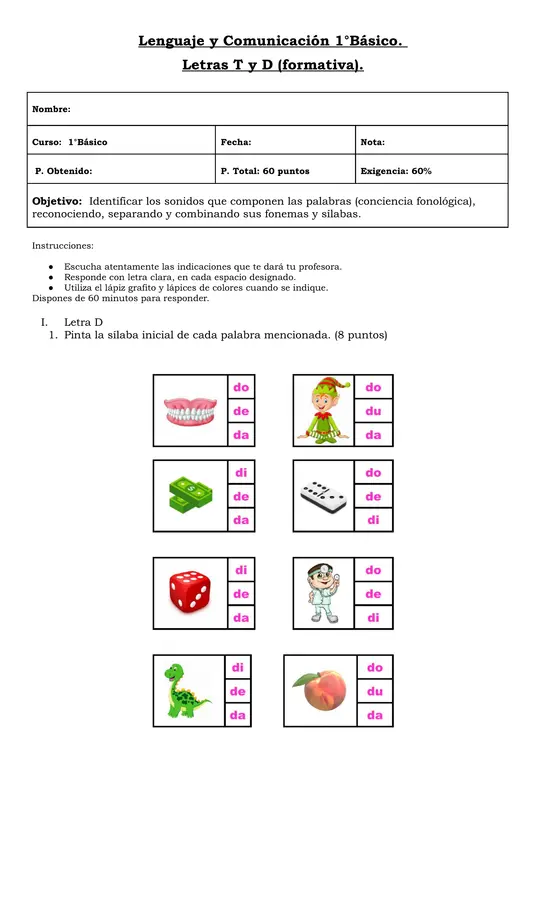 Evaluación -Lenguaje y Comunicación -Bitácora de Aprendizaje letra t - d 