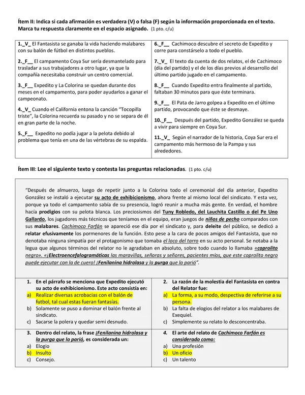 "El Fantasista": Prueba de plan lector con respuestas.