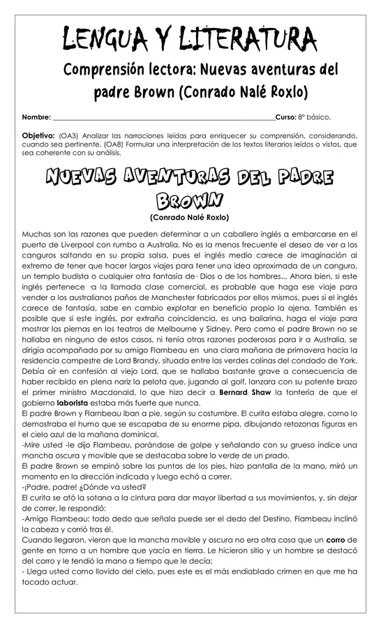 Guía de trabajo - Comprensión lectora Nuevas aventuras del padre Brown - 8° 