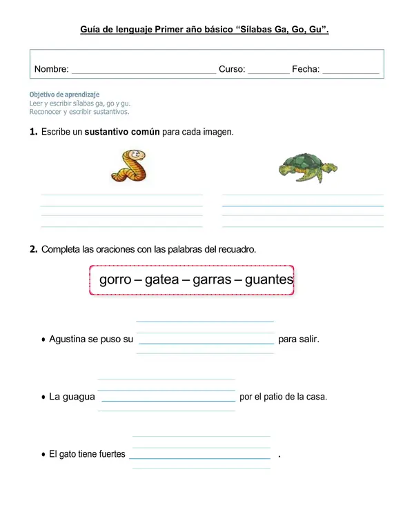 Guía de lenguaje 1°año básico "Ga, Go, Gu, sustantivos".