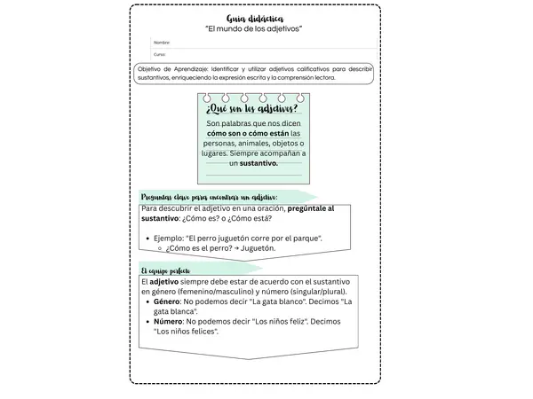 🌟 Recurso Pedagógico: "El Mundo de los Adjetivos" (3° y 4° Básico) 📝