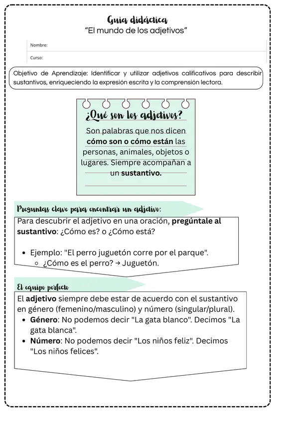 🌟 Recurso Pedagógico: "El Mundo de los Adjetivos" (3° y 4° Básico) 📝