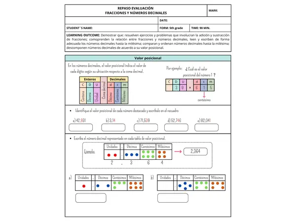 Repaso evaluación fracciones y números decimales
