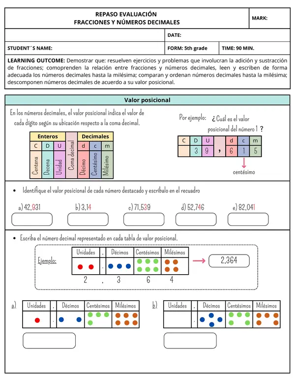 Repaso evaluación fracciones y números decimales