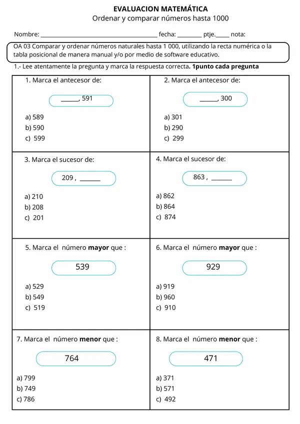 Prueba Ordenar y Comparar Números hasta 1000