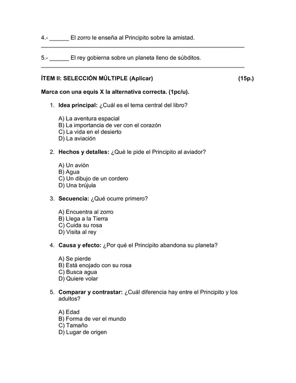 Evaluación del libro "El principito"