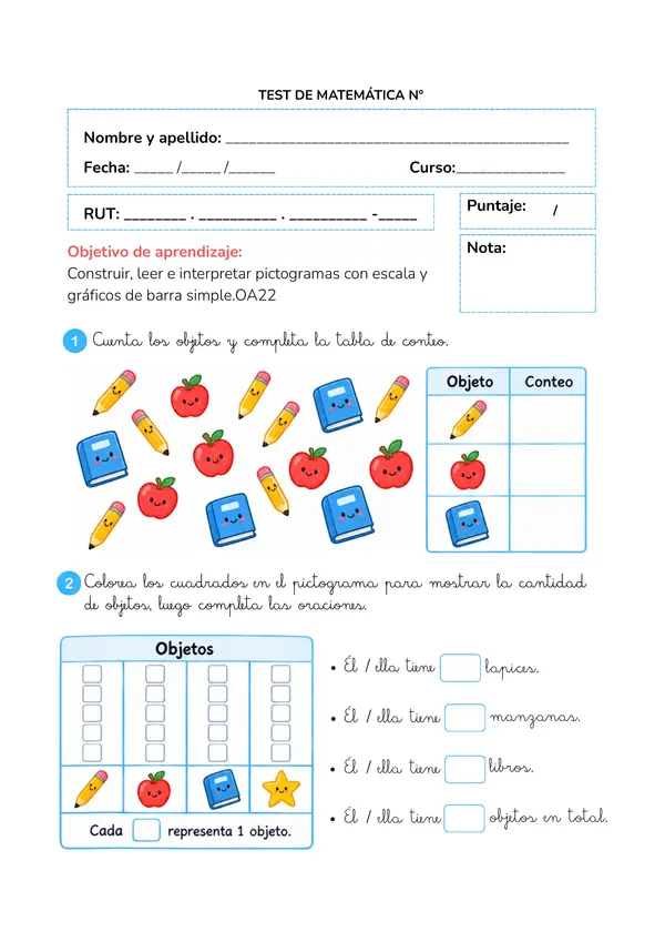 TEST DE MATEMÁTICA: PICTOGRAMAS Y GRÁFICOS 2° BÁSICO