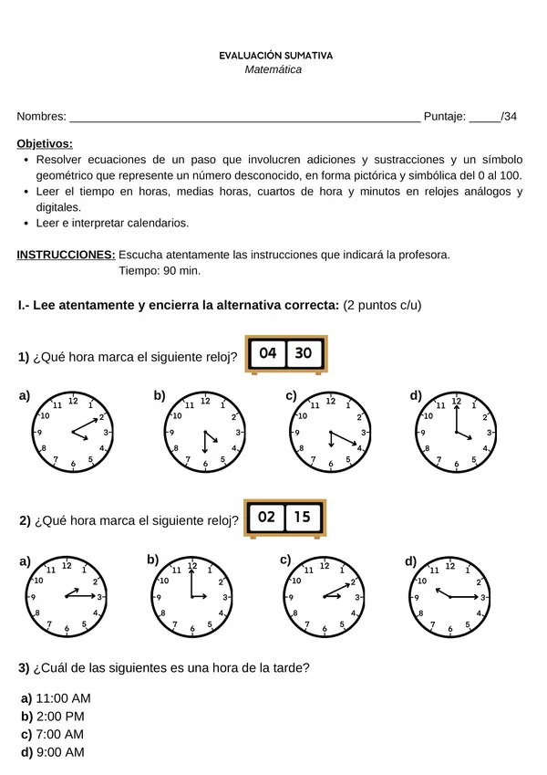 EVALUACIÓN LA HORA, CALENDARIO Y ECUACIONES