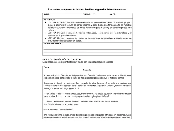 Prueba pueblos originarios (comprensión lectora) 7°