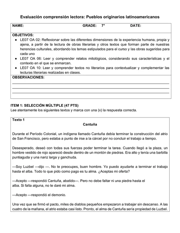 Prueba pueblos originarios (comprensión lectora) 7°