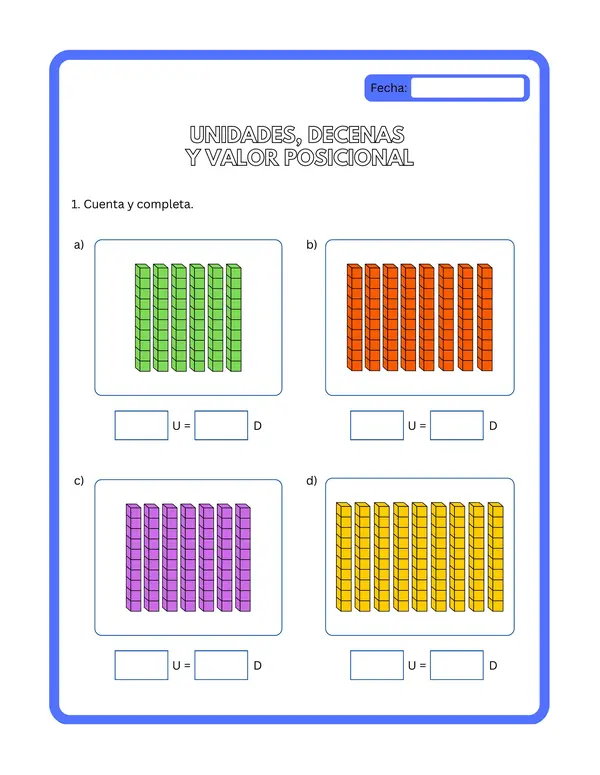 2° básico - Ficha de aprendizaje "Unidades, decenas y valor posicional"